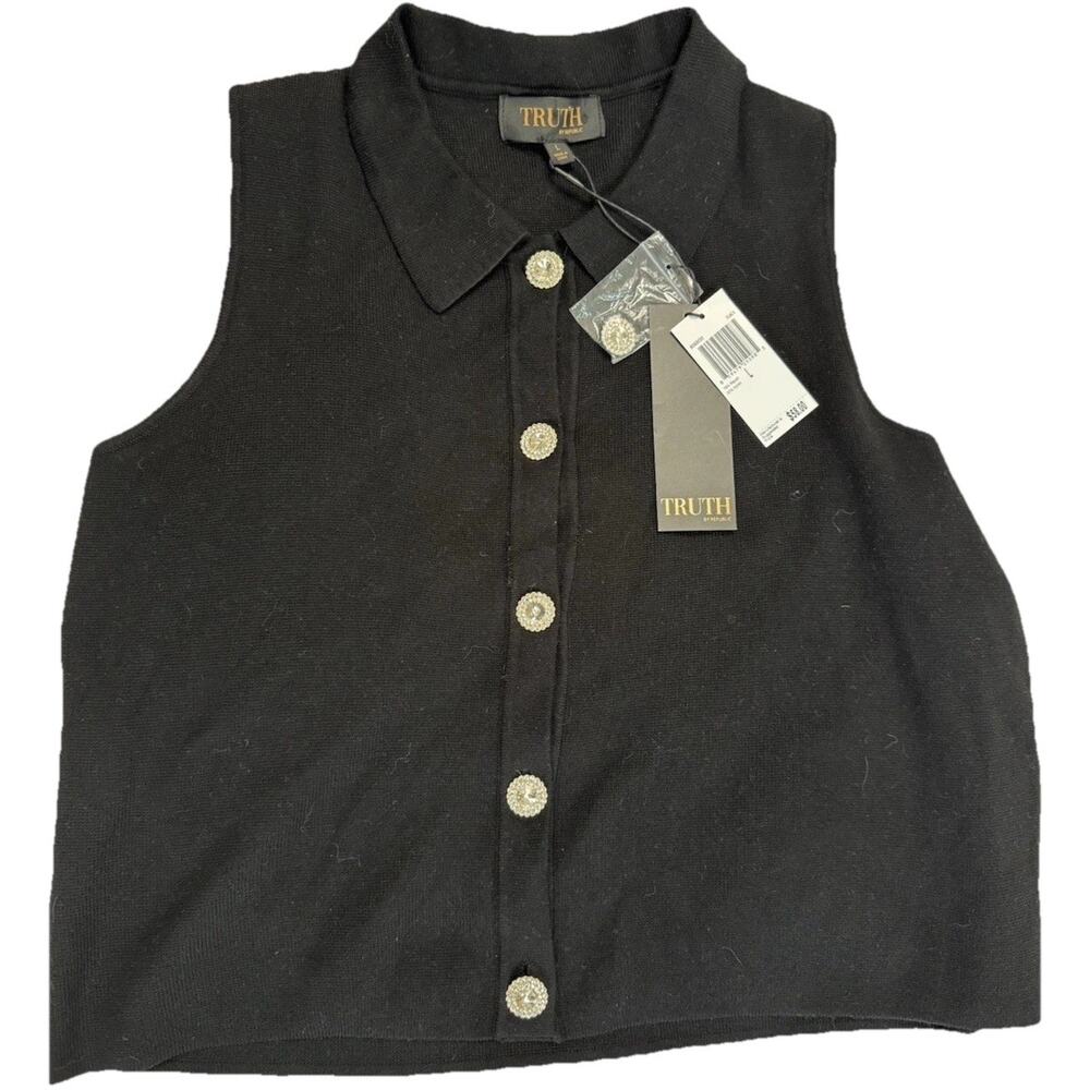 TRUTH BY REPUBLIC Black Knit Collared Button Sweater Vest L New with Tags